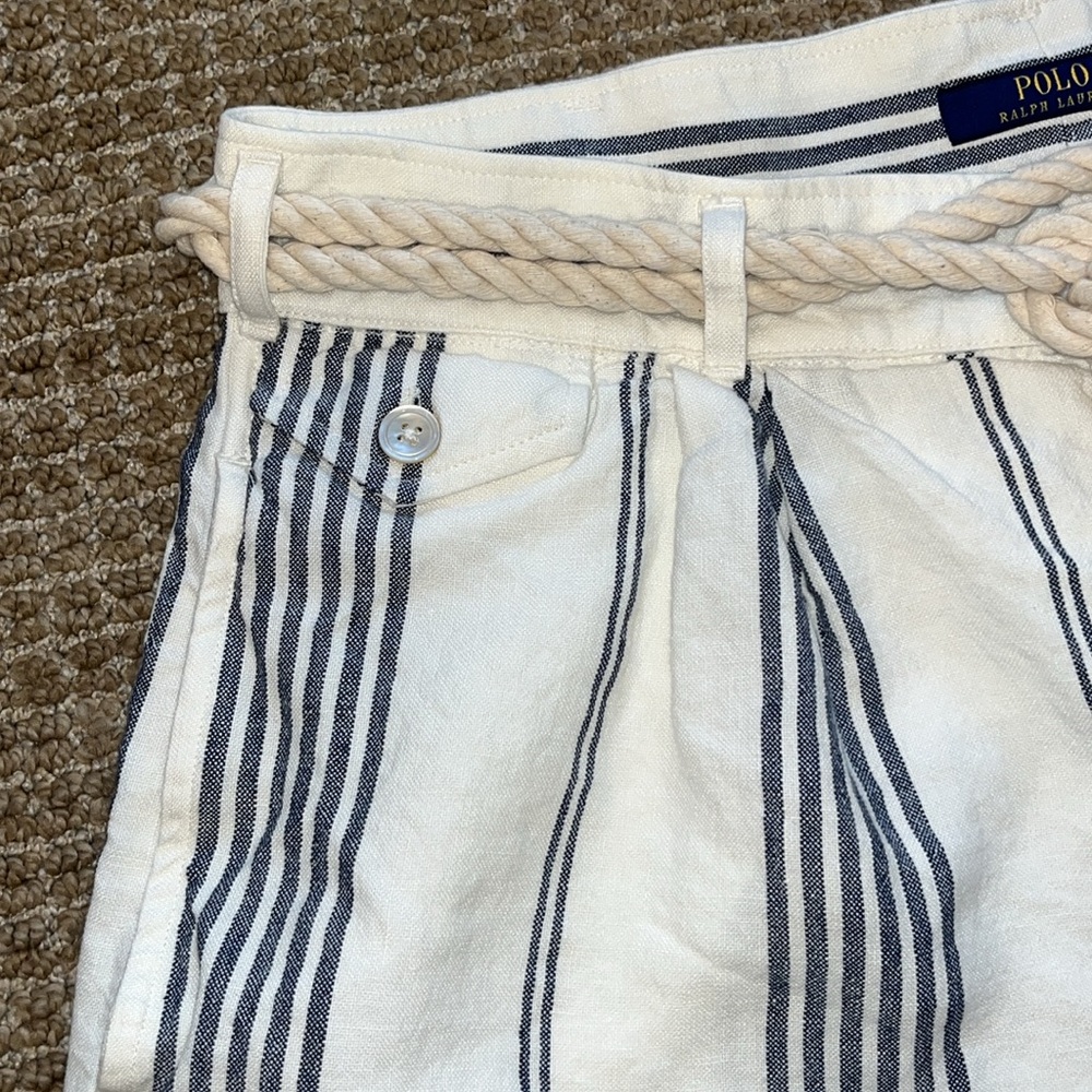 Women Ralph Lauren Polo Striped White & Blue Linen Shorts Rope Belt Sz 12 - Picture 4 of 8